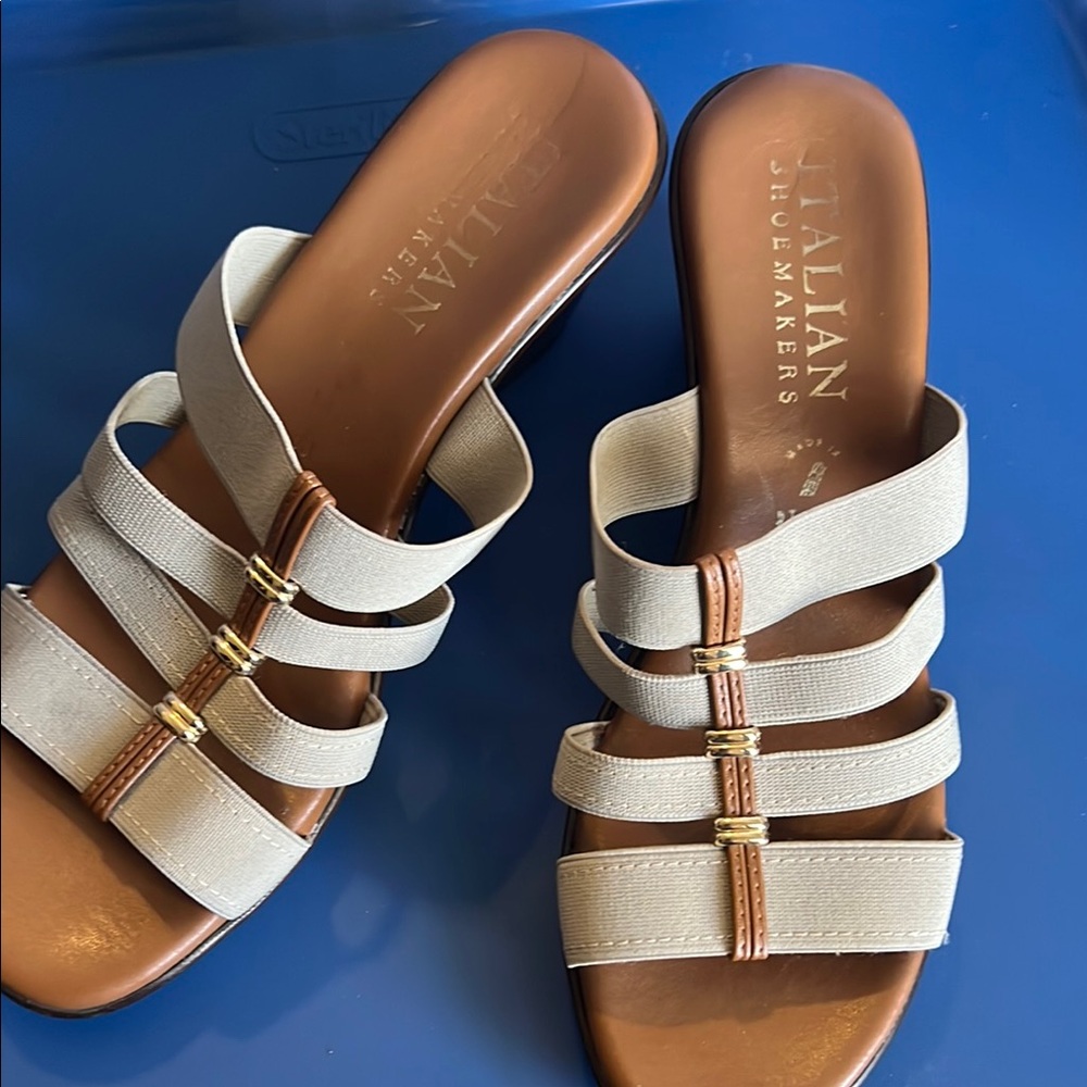 Italian Shoemakers Tan Heels with Leather Straps and Gold Accents